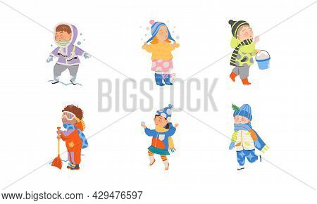 Excited Children Playing Snowball Fight And Walking Outdoor Vector Set