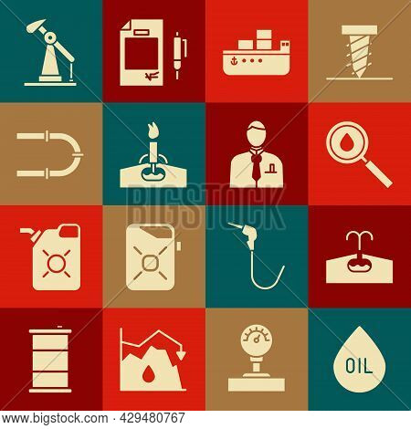 Set Oil Drop, Oilfield, Tanker Ship, Rig With Fire, Industry Pipe, Pump Or Pump Jack And Businessman