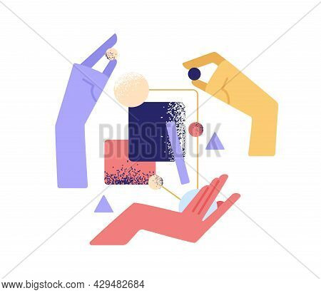 Teamwork, Partnership And Interaction Concept. Hands Interacting And Building Business System. Team 