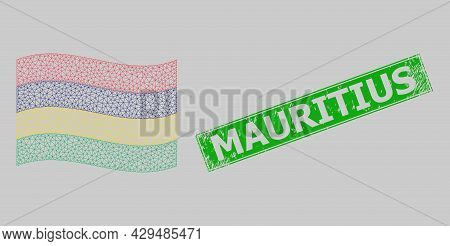 Mesh Polygonal Waving Mauritius Flag And Distress Mauritius Rectangle Stamp Seal. Carcass Model Is D
