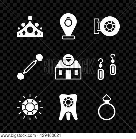 Set King Crown, Jewelry Store, Diamond, Tooth With Diamond, Engagement Ring, Piercing And Icon. Vect