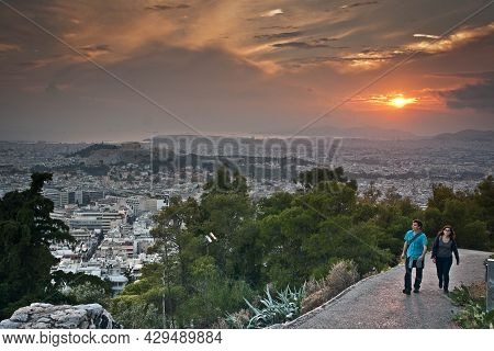 Athens, Greece -  October 12, 2012,  People On Panoramic View Of Athens From Mount Lycabettus, Athen