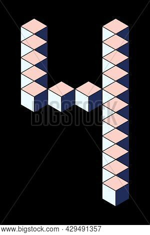 Number 4 From Cubes Isolated On Black Background. Pastel Pink And Blue Colors. Pixel, 8 Bit, Isometr