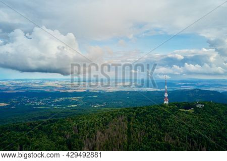 Aerial View Of Beautiful Landscape In Mountains With Forest. Sleza Mountain Near Wroclaw In Poland. 