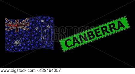 Shiny Mesh Net Waving Australia Flag With Glowing Spots, And Grunge Canberra Rectangle Stamp. Green 