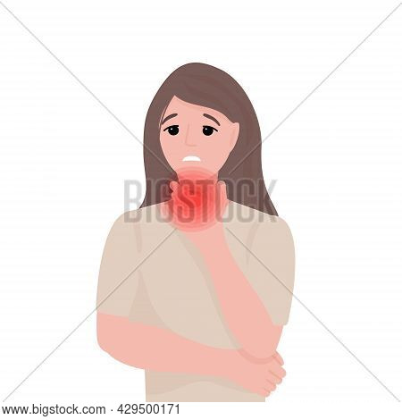 Woman Suffering From Sore Throat Isolated Vector Illustration. Female Has Flu Simptome. Unhappy Pers