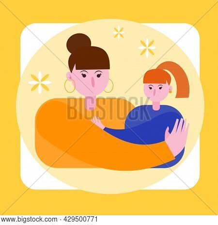Illustration Of Mom And Daughter. Mom Hugs Daughter On A Yellow Background Postcard. Young Brunette 