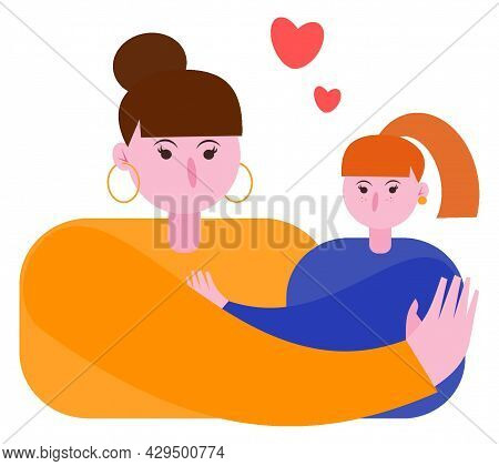 Illustration Of A Brunette Woman With A Red-haired Baby. Mom Hugs Her Daughter. My Daughter Loves He