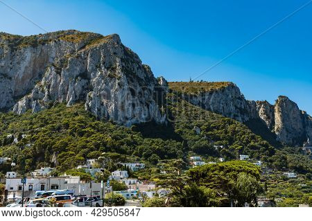 Capri, Italy - August 24 2020: Landscape Of Capri Island With Green Hills And Monte Solaro Mountain