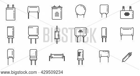 Capacitor Icons Set Outline Vector. Polyester Ceramic Capacitor. Bipolar Condeser