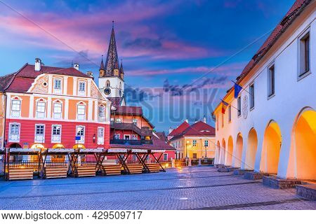 Sibiu, Transylvania. Evangelical Cathedral, And Liar's Bridge Connecting Small Square With Huet Squa