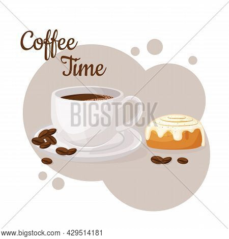Cup Of Coffee And Cinnamon Roll. Coffee Time Concept. Isolated Hand Drawn Vector Illustration Of Cut