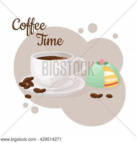 Cup Of Coffee, Prinsesstarta Green Marzipan Cake. Coffee Time Concept. Isolated Hand Drawn Illustrat