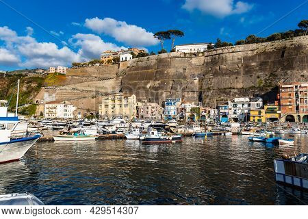 Sorrento, Italy - August 24 2020: Port Full Of Ships In Piano Di Sorrento