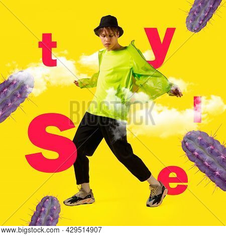 One Young Man In Bright Clothes And Hat Surrounded By Cactus And Letters. Minimal Design