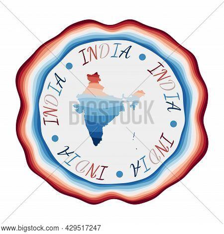 India Badge. Map Of The Country With Beautiful Geometric Waves And Vibrant Red Blue Frame. Vivid Rou