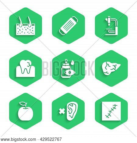 Set Eye Drop Bottle, Deaf, Scar With Suture, Hepatitis Virus, Apple, Tooth Caries, Microscope And Ha