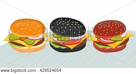 American Burge Set Isolated On Table. Different Types Of Hamburger. Three Various Burger Buns. Fast 