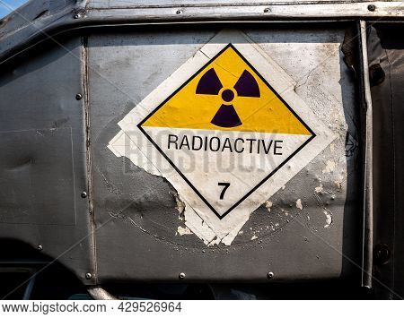 Radiation Warning Sign On The Dangerous Goods Transport Label Class 7 At The Side Transport Truck