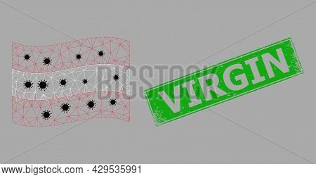 Mesh Polygonal Waving Austria Flag With Virus Items And Scratched Virgin Rectangle Stamp Seal. Model