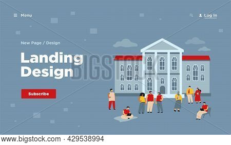 Happy Mix-raced Students Walking In Front Of University Building Flat Vector Illustration. Cartoon P