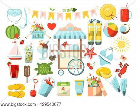A Big Vector Summer Set. Accessories For Beach Holidays By The Sea. Flat Design Illustration For Ads