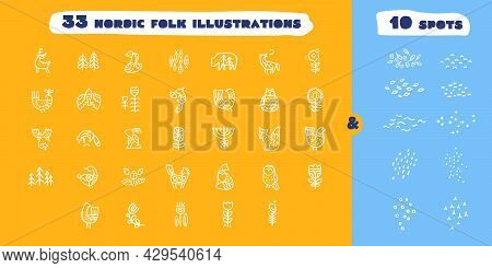 Nordic Folk Art Style Icons And Patterns. Scandinavian Elements For Christmas Cards, Retro Posters, 