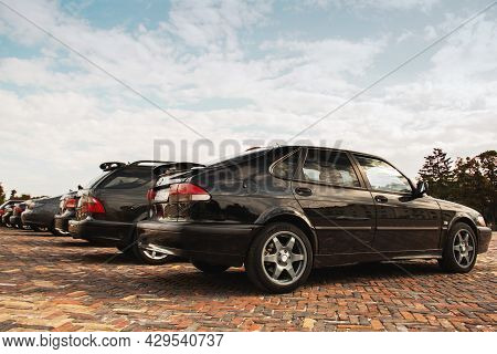 Chernihiv, Ukraine - July 24, 2021: Saab Cars Are In A Row. Saab 900 Turbo, 9-3 And Saab 9-5 Against