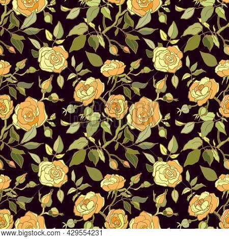 Cute Floral Pattern Of Yellow Roses Flowers. Seamless Print With Wild, Garden Flowers. Vintage Colle