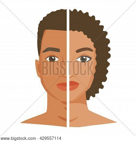Halves Of Black Woman And Man Face. Similarity And Difference Between Men And Women. Male Vs Female 