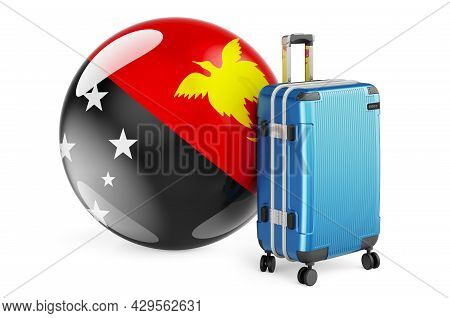 Suitcase With Papuan Flag. Papua New Guinea Travel Concept, 3d Rendering Isolated On White Backgroun
