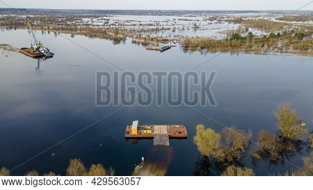 Ancient, Manual Crossing Over The River. The Car Is Transported Across The River In A River Ferry. T