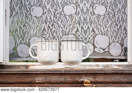 Two Mockup Mugs, Set Of 2 White Double Mug Mock Up On Windows Old Wooden House. Farmhouse Rustic Sty