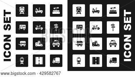 Set Boat With Oars, Bicycle, Rv Camping Trailer, Train And Railway, Road Traffic Signpost, Tow Truck