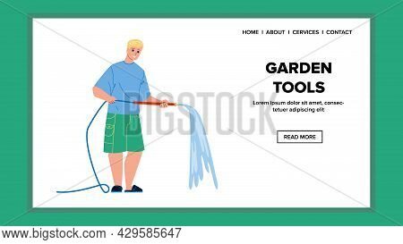 Garden Tools Using Man Farmer On Farmland Vector. Farm Land Worker Young Boy Watering Growing Vegeta