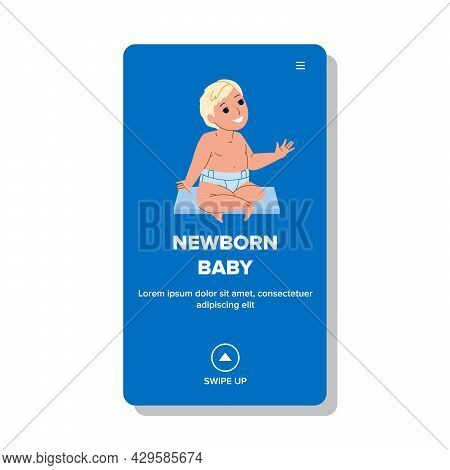 Newborn Baby Smiling And Sitting On Carpet Vector. Happy Little Toddler Newborn Baby Resting In Chil