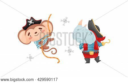 Cute Little Animals Pirates Set. Funny Monkey, Rhino Sailor Characters Cartoon Vector Illustration