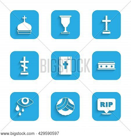 Set Holy Bible Book, Memorial Wreath, Speech Bubble Rip Death, Coffin With Cross, Tear Cry Eye, Grav