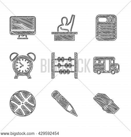 Set Abacus, Pencil With Eraser, Eraser Or Rubber, School Bus, Basketball Ball, Alarm Clock, Dossier 