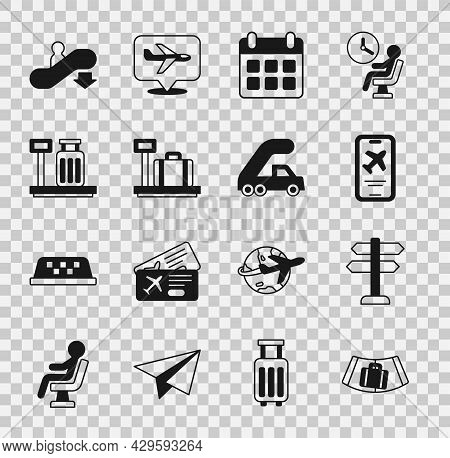 Set Conveyor Belt With Suitcase, Road Traffic Sign, Mobile Ticket, Calendar And Airplane, Scale, Esc