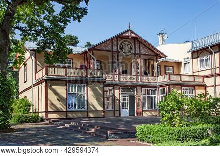 Latvia, Jurmala, July, 2021 - Exterior View Renovation Wooden Home In Jurmala, Latvia. Traditional J