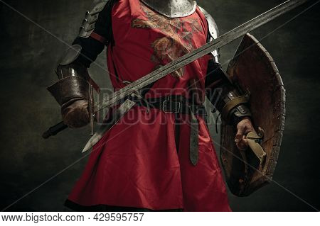 Cropped Image. Portrait Of One Brutal Man, Medeival Warrior Or Knight With Sword And Shield