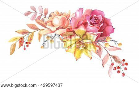 Watercolour Arrangement Of Roses And Leaves. Autumn Composition Withy Yellow, Pink Rose