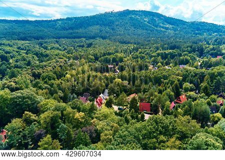 Mountain Village With Forests, Bird Eye View. Sleza Mountain Landscape Near Wroclaw In Poland. Natur