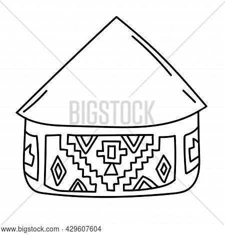 Hand Drawn Doodle African National Hut. Ndebele Tribal Dwelling. Simple Thatched Roof And Walls With