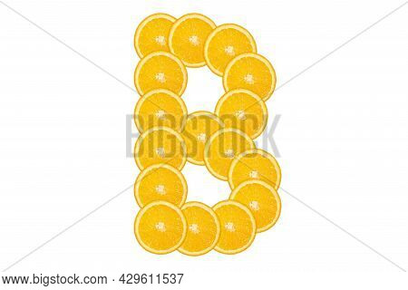 Sliced Orange Alphabet - Letter B. Isolated White Background. Fresh Healthy Orange Fruit. Juicy Font