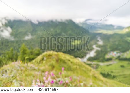 Blur Mountain Background. Green Color. Fantastic View. Near Forest. Rain Day. Mountain Hills. Countr