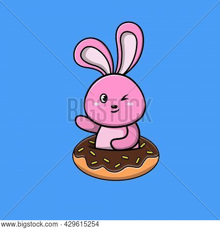 Cute Rabbit Summer Swimming With Tires Donut Cartoon Vector Icon Illustration. Animal Nature Icon Co