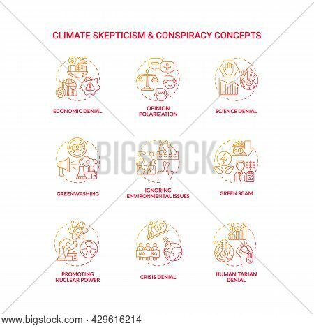 Climate Skepticism And Conspiracy Gradient Concept Icons Set. Economic And Humanitarian Denial. Prom