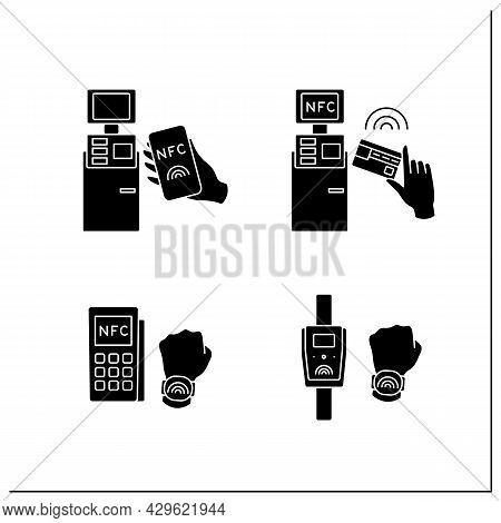 Nfc Technology Glyph Icons Set. Safety Payment System On Smart Watch Or Mobile Phone. Near Field Com